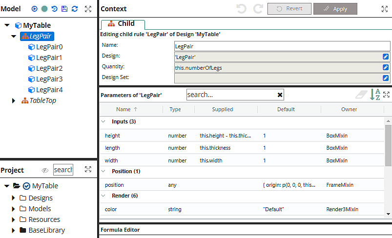 Context tab: Change Quantity using a formula. Model tree: note new individual LegPairs 0-4.