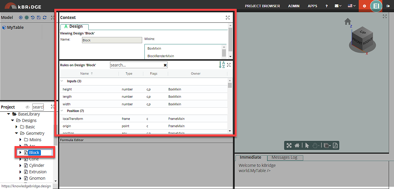 Showing a Design Mixin while selecting a Design, i.e., "Block" in the Project Tree above. Using a Mixin such as Design enables other Designs to inherit Rules from this pre-made system Design for a 6-sided, 3D box called "Block." System Designs reside in the Knowledge Bridge BaseLibrary. 